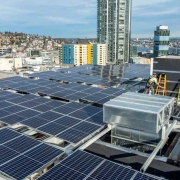 Rooftop solar panels cover a building as workers in safety gear install equipment with a city skyline in the background.