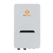 APstorage home energy storage unit in grey, with a black control panel and green status indicators at mid‑section.