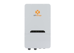 APstorage home energy storage unit in grey, with a black control panel and green status indicators at mid‑section.