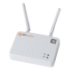 White AP Systems wireless access point with two adjustable antennas and status LEDs on a compact white box area label AP Systems and a QR code sticker nearby.